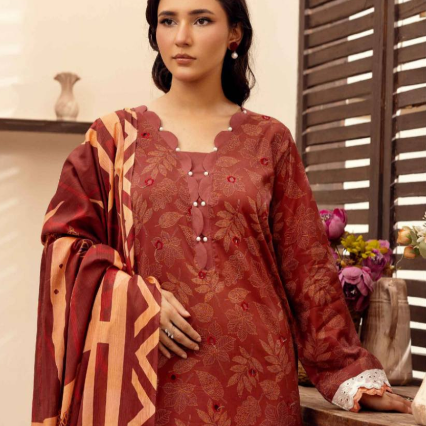 Unstitched Three Piece Embroidered Luxury Lawn Dress With Printed Silk Dupatta. Sajni ’25 by Zarposh.